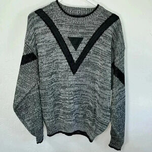 Barnaby Vintage Retro Gray Knit Black Leather Geometric‎ Sweater Unisex XL